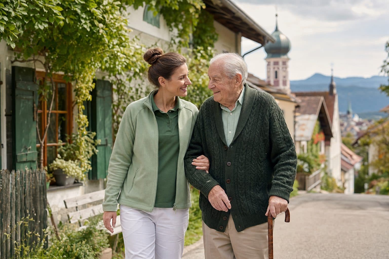 Pflegekraft begleitet einen Senior sicher beim Spaziergang im Wohnviertel